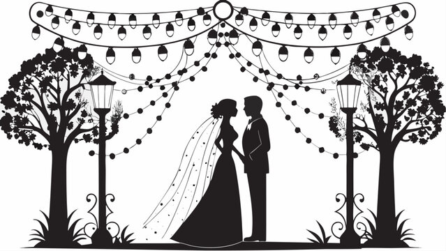 Elegant wedding silhouette with romantic string lights and trees creates a memorable moment, perfect for invitations, cards, and event designs