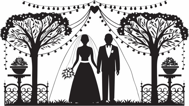 Elegant silhouette of a bride and groom exchanging vows under romantic string lights and trees, perfect for wedding invitations and announcements