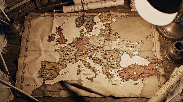 Ancient European Map with Quill and Scrolls on a Wooden Desk.