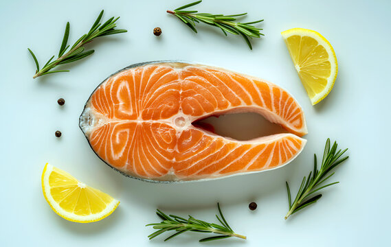 Fresh raw salmon fish steak top view on beige pastel background with rosemary, lemon wedges and spices, - Powered by Adobe