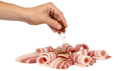 Hand sprinkling jerk seasoning mix over pork belly slices