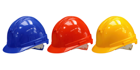 Three colorful hard hats isolated on transparent background