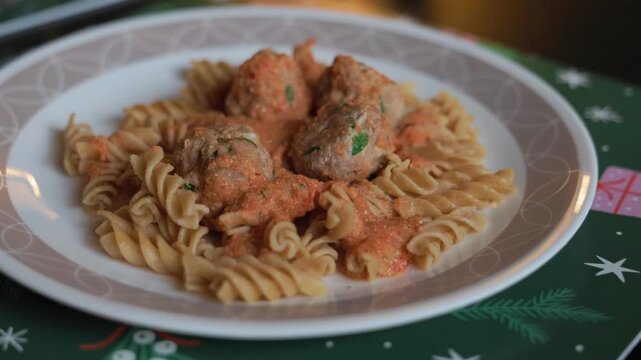 Pasta and turkey meatballs plate on a table at home