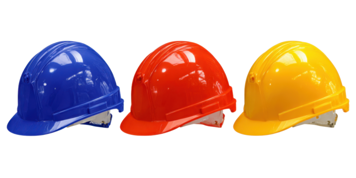 Three colorful hard hats isolated on transparent background