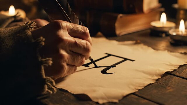 Ancient Scribe Writing on Parchment with Quill Pen by Candlelight.