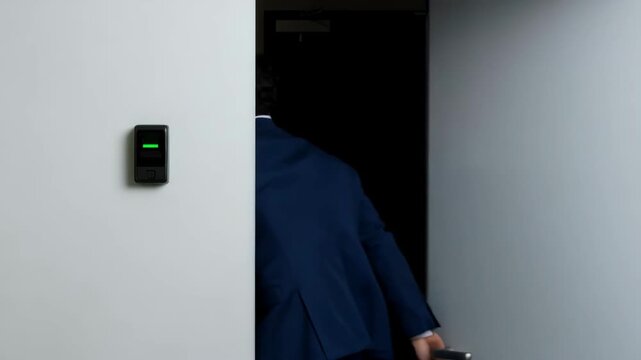 Man activating access control system with card, entering secure area, and concept of modern office security technology