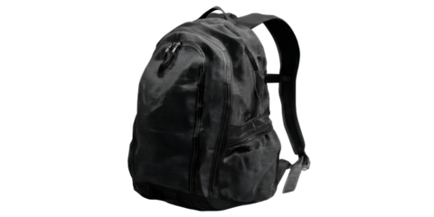 Black backpack with multiple pockets on transparent background