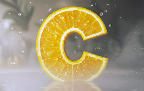 A stylized slice of orange cut and shape letter C