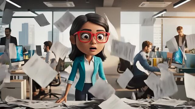 Animated Businesswoman Overwhelmed by Paperwork in a Busy Office Environment.