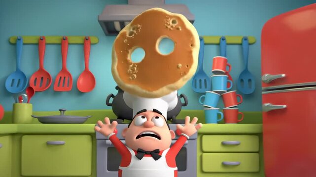 Animated Chefs Pancake Predicament - A Culinary Catastrophe in a Cartoon Kitchen.