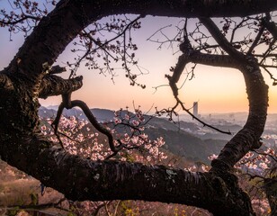 This image captures a scenic view of a distant town or landscape bathed in the warm light of sunset or twilight, dramatically framed by the gnarled, dark, and curving branches of an old tree in the fo