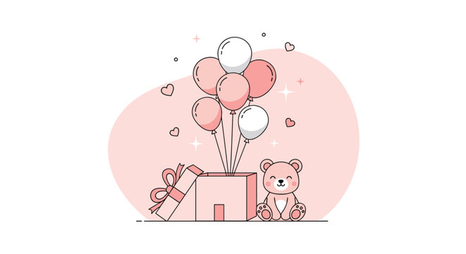 Cute teddy bear and balloons emerging from an open gift box, set against a pink backdrop with hearts.