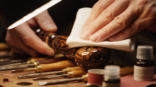 Artisans Hands Polishing Intricately Carved Wooden Object with Cloth.