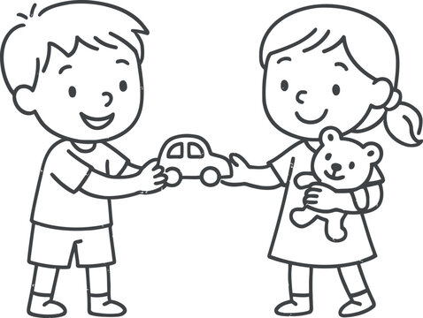 Children sharing toys a boy gives a car to a girl