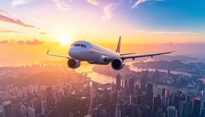 Airplane Flying Over City At Sunset  Travel with Transportation, Business, and and Tourism.