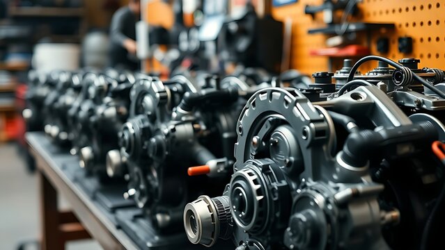 piston. Automotive engine parts displayed on a workbench with professional lighting and detailed focus. safety posters.