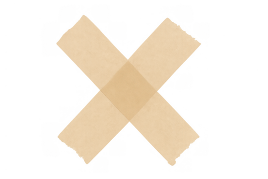 Masking tape forming an x shape, sealing or rejecting concept with rough torn edges on a transparent background