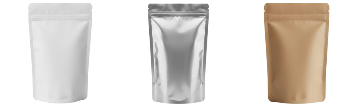 Set of three zipper pouch in white matte, silver and brown color, doy pack mockup, isolated on white background. PNG file