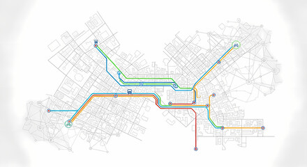 Abstract transit map with colorful lines indicating routes and stations
