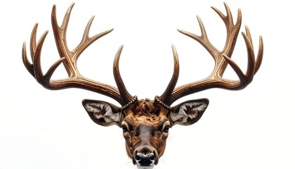 A majestic deer with impressive antlers against a bright white background, showcasing detailed fur and commanding gaze. Close-up