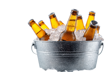 Chilled Beer Bottles in Ice Bucket on Transparent Background