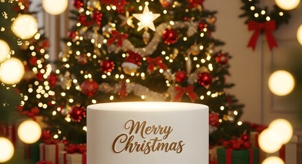 Festive Christmas scene with illuminated tree, gifts, and 'Merry Christmas' text for holiday marketing