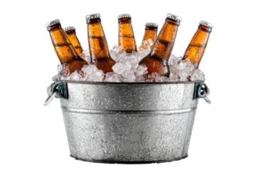 Bucket full of brown bottles of cold beer with ice on transparent backdrop