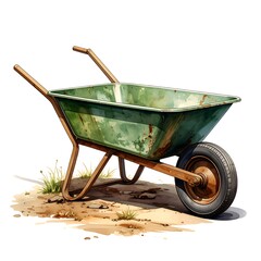 A rusty green metal cart rests on soil, its single wheel near the viewer. Its wooden handles point toward the viewer