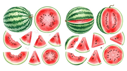 A collection of watercolor illustrations of whole watermelons, halves, and juicy slices.