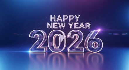 Happy New Year 2026 celebration in vibrant neon style with futuristic glowing effects