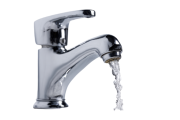Shiny chrome water tap with flowing water on transparent background