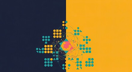 Abstract geometric shapes and connections forming a network on a split background of dark blue and yellow.