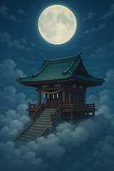 Anime style shrine floating on clouds under full moon
