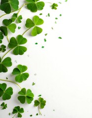 A vibrant, close-up shot of green shamrocks and scattered leaf fragments against a stark white backdrop. The leaves are crisp