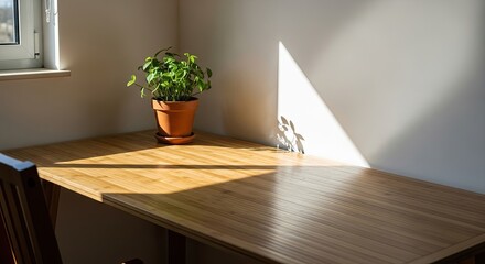 Sunlit workspace featuring green potted plant on stylish wooden desk, perfect for creating inviting home office vibes and promoting wellness in interior design projects