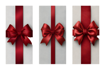 Transparent cards. Banners with realistic red bows and ribbon. Isolated empty gift flyers or voucher, social media stories vector templates