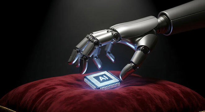Robotic hand reaching for a glowing artificial intelligence microchip.