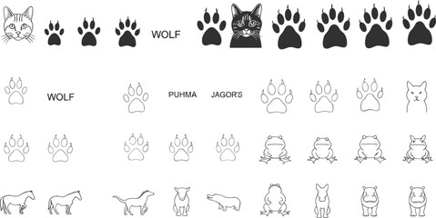 Animal paw print and pet footprint vector icons set with cat, dog, wolf, horse, and frog silhouette illustration collection.