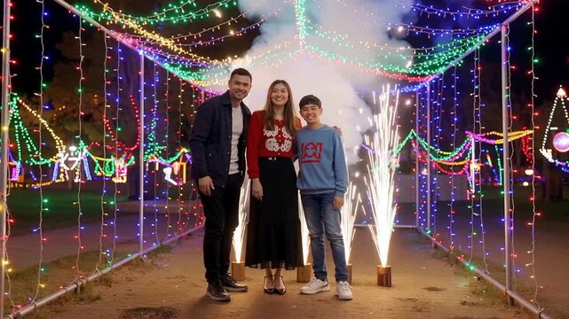 Family enjoys festive fireworks display under colorful lights.