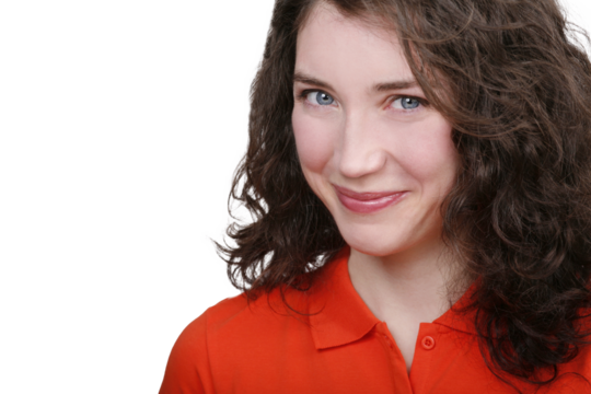 Close up studio portrait of attractive young smiling woman. isolated on transparent png background.