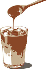 Illustration of chocolate syrup being poured from a spoon into a glass of ice, refreshing drink