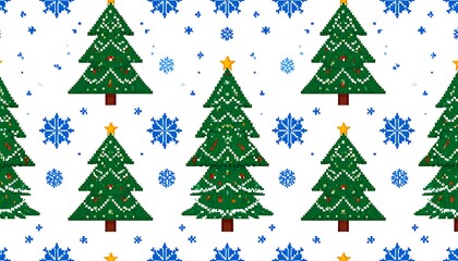 A pixelated repeating pattern with green Christmas trees adorned with lights, gold stars, and blue snowflakes on white