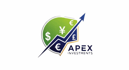 Apex Investments Logo Featuring Currency Symbols and Upward Trend Arrow.
