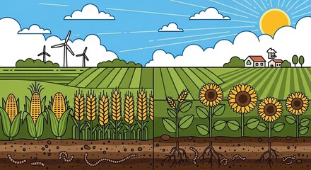 Detailed illustration of a farm field showing corn, wheat, and sunflowers with their roots underground, wind turbines, and a farm in the background under a sunny sky.
