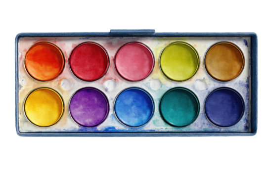 Top view of watercolor paint palette on transparent background