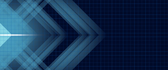 Abstract blue arrow glowing with lighting and line grid on blue background technology hi-tech concept