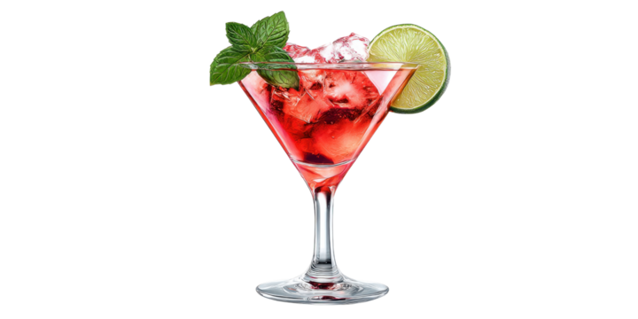 Cosmopolitan Cocktail with Lime and Mint Garnish on Grey