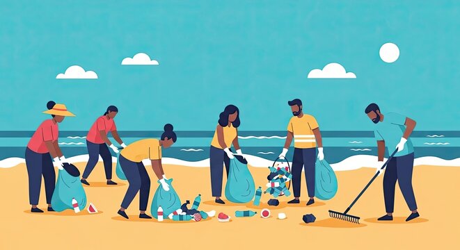 A diverse group of community volunteers cleaning up plastic pollution on a sandy beach.