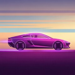 Stylized futuristic sports coupe speeding across a colorful horizon at twilight