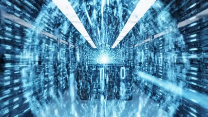 Traveling Through Digital Data Center Server Room Tunnel - Powered by Adobe